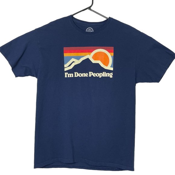 DOM Mens Large Blue I'M DONE PEOPLING Graphic‎ Retro Short Sleeve T Shirt - Picture 1 of 6